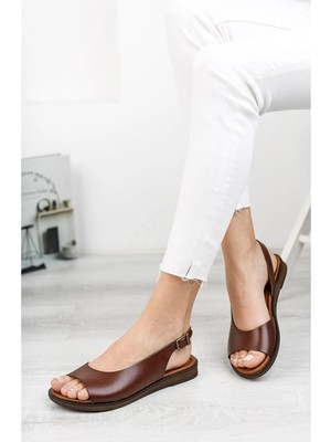 Tarçın Hakiki Deri Kahverengi Kadın Deri Sandalet TRC61-0076