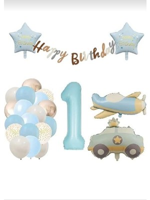 Mavi Yaş Folyo Balonlu Retro Uçak Polis Arabası Balon Retro Doğum Günü Parti Seti Süsü