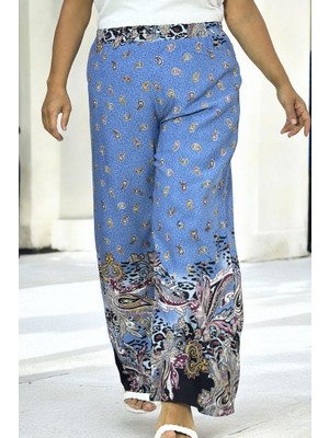 Etnik Desenli Beli Lastikli Ful Likralı Ekstra Büyük Beden Pamuklu Viskon Yazlık Pantolon