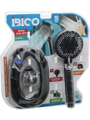 Vakumlu - Siyah Lüks Duş Seti  Duş Başlık=5 Mod=fonksiyon Örgülü Hortum=1.5mt Mafsal=3 Kademe