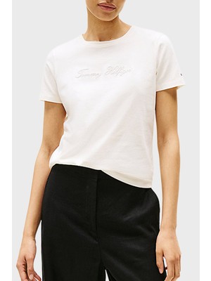 Tommy Hilfiger % 100 Pamuk Regular Fit Bisiklet Yaka Logolu T Shirt Bayan T Shirt WW0WW47210 Ya8