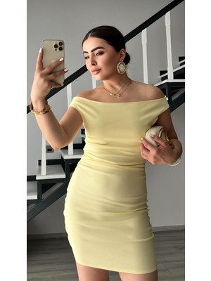Sarı Büzgülü Mini Elbise