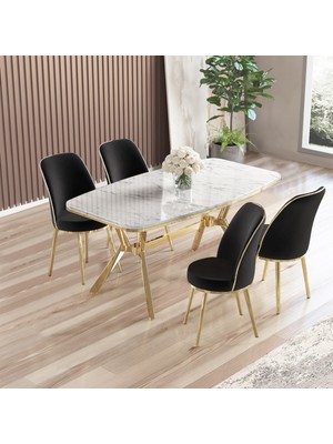 Lena Serisi 90X160 Lak Panel Beyaz Mermer Desen Gold Kaplama Ayaklı Masa Takımı ve 4 Siyah Sandalye