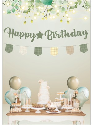 Deniz Parti Retro Küf Yeşili Happy Birthday Kaligrafi ve Banner Set