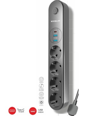 Winnboss Termal Akım Korumalı USB Ve Type C 2.1A Şarj Çıkışlı 10A 2500W 4'Lü Uzatma Grup Priz
