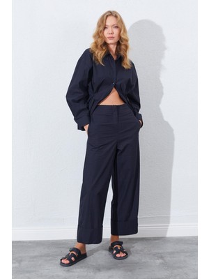 Kadın Siyah Geniş Double Boru Paça Pantolon