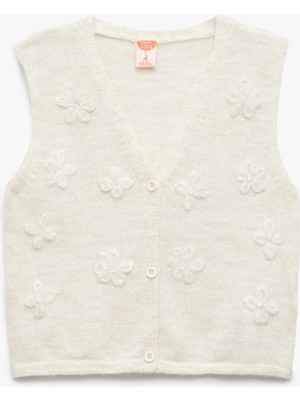 Çiçek Aplikeli Düğmeli V Yaka Triko Süveter
