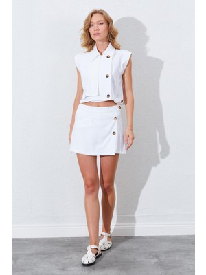 Kadın Ekru Yelekli Şort Etekli Takım
