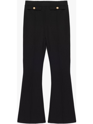 Dar Kesim Aplike Detaylı Düğmeli Ispanyol Paça Kumaş Pantolon