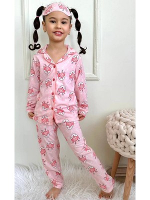 Sevimli Ceylan Desenli Gömlek Yaka Kız Çocuk Pembe Pijama Takımı