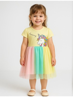 Kız Çocuk Unicorn Baskılı  Tüllü Etekli Doğum Günü ve Özel Gün Elbisesi