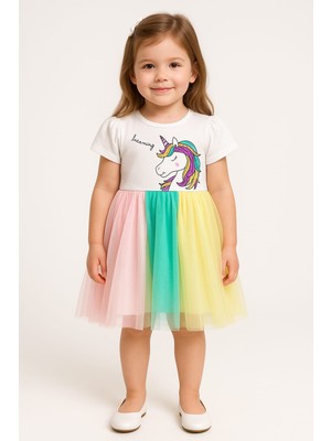 Kız Çocuk Unicorn Baskılı  Tüllü Etekli Doğum Günü ve Özel Gün Elbisesi