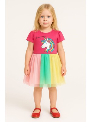 Kız Çocuk Unicorn Baskılı  Tüllü Etekli Doğum Günü ve Özel Gün Elbisesi
