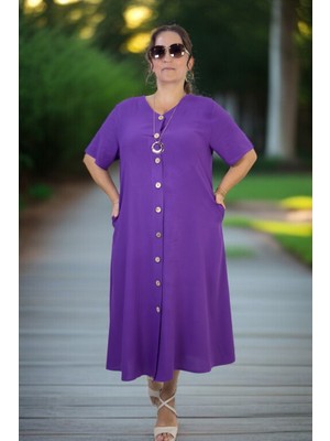 Yandan Cepli Kuşaklı Boydan Düğme Detaylı Kısa Kol Pamuklu Viskon Büyük Beden Elbise