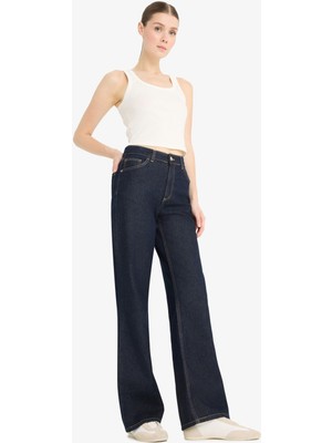 DeFacto Kadın Straight Wide Yüksek Bel Uzun Jean Pantolon Denim Malzemeden Düz Desenli