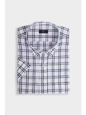 Erkek Büyük Beden Yaka Düğmeli Kareli Keten Efektli Kısa Kollu Gömlek