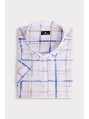 Erkek Büyük Beden Yaka Düğmeli Kareli Keten Efektli Kısa Kollu Gömlek