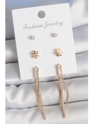 Pirinç Gold Renk Zirkon Taşlı Sallantılı Model Kar Tanesi Detay 3 Çift Kadın Küpe Seti