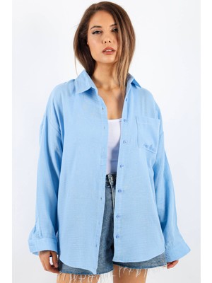 Ritnice Kadın Yumuşak Müslin Kumaş Uzun Açık Mavi Oversize Gömlek