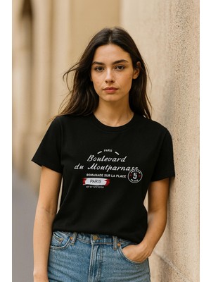 Kadın Bisiklet Yaka Baskılı Siyah T-Shirt