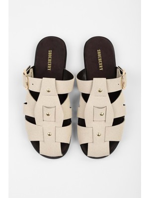 Kadın Sole Bej Süet Trok Detaylı Kemerli Terlik