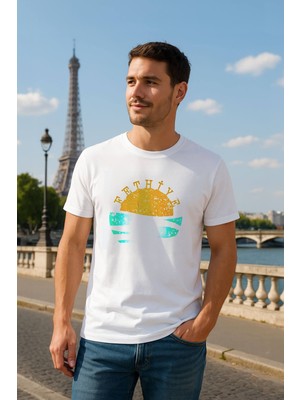 Erkek Bisiklet Yaka %100 Pamuk Fethiye Baskılı Kısa Kollu T-Shirt
