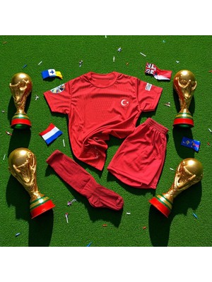 Türkiye Milli Takım Kırmızı Şortlu Çocuk Çoraplı 2024 T-Shirt Halı Saha Forma