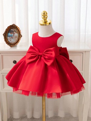 Kız Bebek Seda Model Kırmızı Abiye Elbise Prenses Kesim Doğum Günü İçin Fiyonk Detaylı