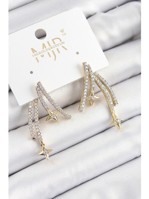 Pirinç Zirkon Taşlı Kayan Yıldız Model Gold ve Gümüş Renk Kadın Küpe