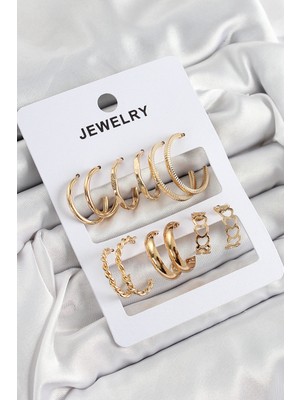 Pirinç Karışık Halka Model Gold Renk 6 Çift Kadın Küpe Set