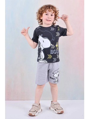Pjkskt Snoopy Desenli Gri Şortlu Erkek Çocuk Kısa Kol Takım 7603-G