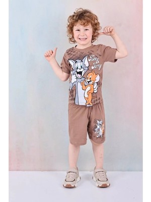 Pjkskt Tom&jerry Desenli Kahverengi Şortlu Erkek Çocuk Kısa Kol Takım 7611-K
