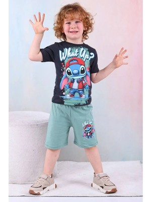 Pjkskt Stitch What Up Desenli Yeşil Şortlu Erkek Çocuk Kısa Kol Takım 7528-Y