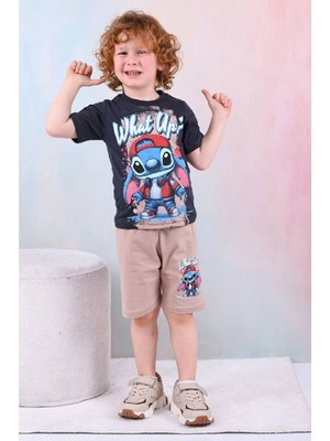 Pjkskt Stitch What Up Desenli Bej Şortlu Erkek Çocuk Kısa Kol Takım 7528-B