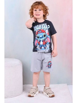Pjkskt Stitch What Up Desenli Gri Şortlu Erkek Çocuk Kısa Kol Takım 7528-G