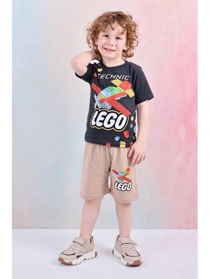 Pjkskt LEGO Desenli Bej Şortlu Erkek Çocuk Kısa Kol Takım 7606-B