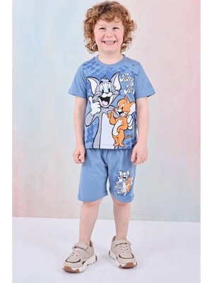 Pjkskt Tom&jerry Desenli Mavi Şortlu Erkek Çocuk Kısa Kol Takım 7611-M