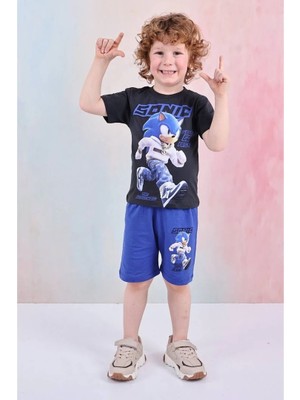 Pjkskt Sonic Desenli Saks Mavisi Şortlu Erkek Çocuk Kısa Kol Takım 7613-S