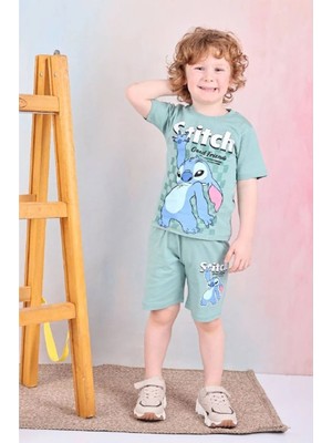 Pjkskt Stitch Desenli Yeşil Şortlu Erkek Çocuk Kısa Kol Takım 7563-Y