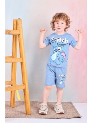 Pjkskt Stitch Desenli Mavi Şortlu Erkek Çocuk Kısa Kol Takım 7563-M