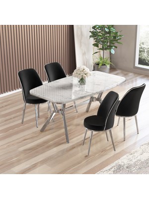 Lena Serisi 90X160 Lak Panel Beyaz Mermer Desen Kromkaplama Ayaklı Masa Takımı ve 4 Siyah Sandalye