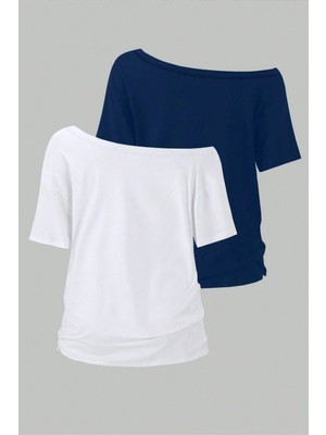 Lacivert Beyaz 2li Paket Kadın Düşük Omuz Kayık Yaka Oversize T-Shirt