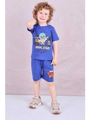 Pjkskt Brawl Star Desenli Saks Mavisi Şortlu Erkek Çocuk Kısa Kol Takım 7598-SM