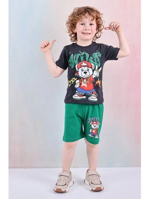 Pjkskt Cool Ayıcık Desenli Yeşil Şortlu Erkek Çocuk Kısa Kol Takım 7627-Y