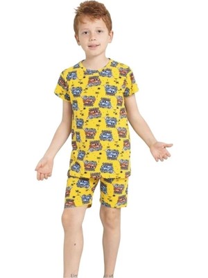 Elmkp Sarı Safari Desen Erkek Çocuk Şortlu Pijama Takımı 3-10 Yaş 3101-1