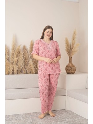 Kadın Homewear Bambu Pijama Takımı Uzunkol Üç Düğmeli Yaka Güpür Detaylı
