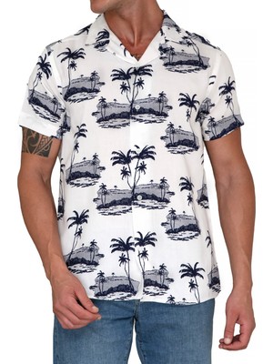 Beyaz Üzerine Lacivert Pamliyeli Viskon Hawaii Oversize Rahat Kesim Kısa Kollu Salaş Gömlek