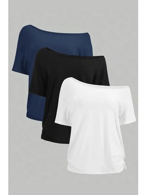 Lacivert Beyaz Siyah 3lü Paket Kadın Düşük Omuz Kayık Yaka Oversize T-Shirt