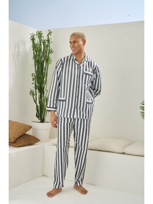 Kly Gaffur Boy Antrasit Çizgili Poplin Kumaş Pijama Takımı Erkek Normal Kalıp Rahat Kullanım