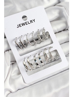 Pirinç Karışık Halka Model Gümüş Renk 6 Çift Kadın Küpe Set